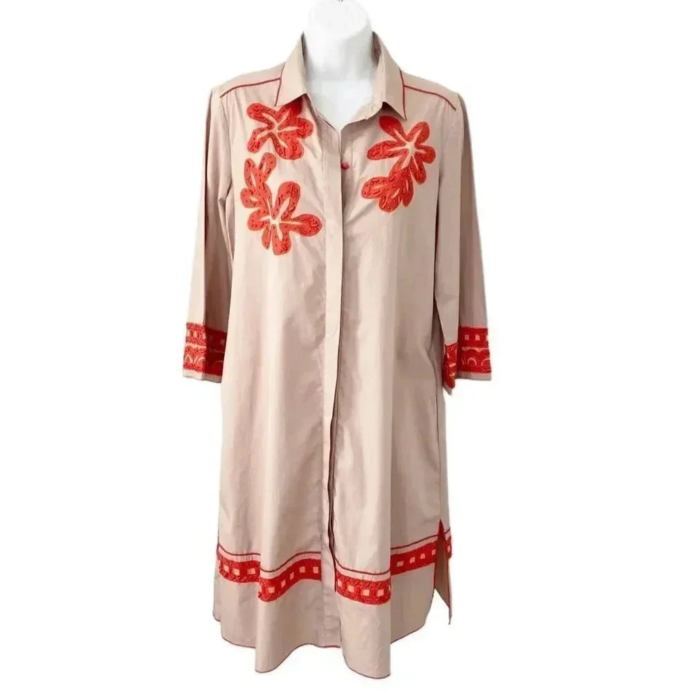 Maliparmi Embroidered Beaded Floral Cotton Poplin Shirtdress IT42 US6